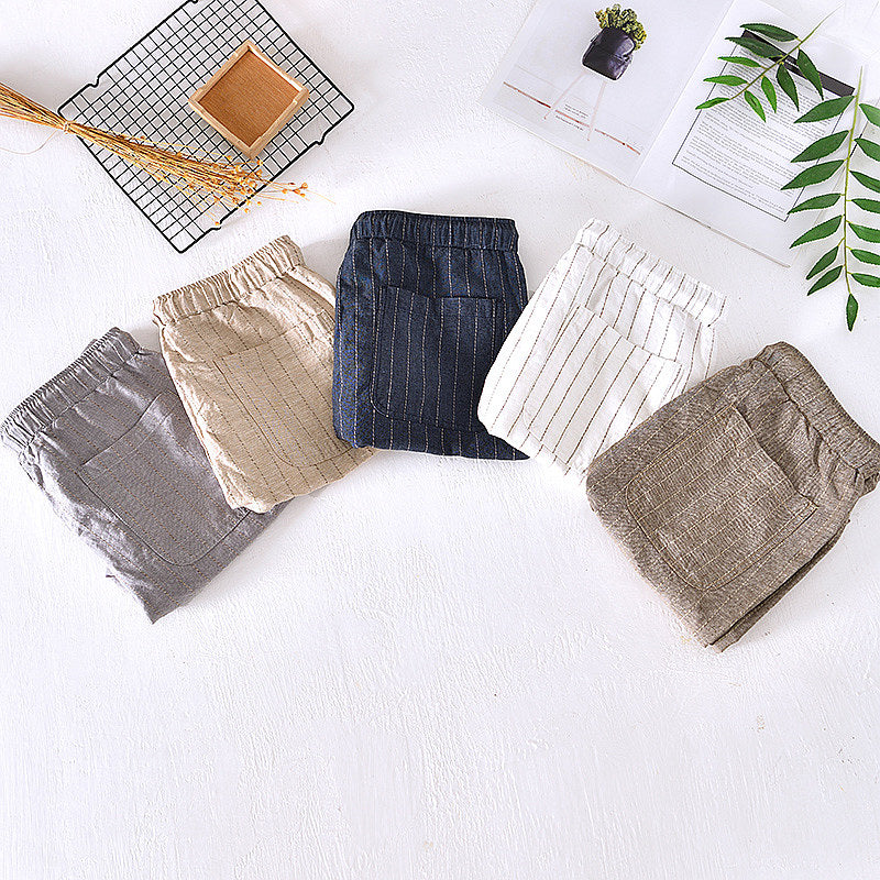 Cotton Linen Striped Drawstring Shorts