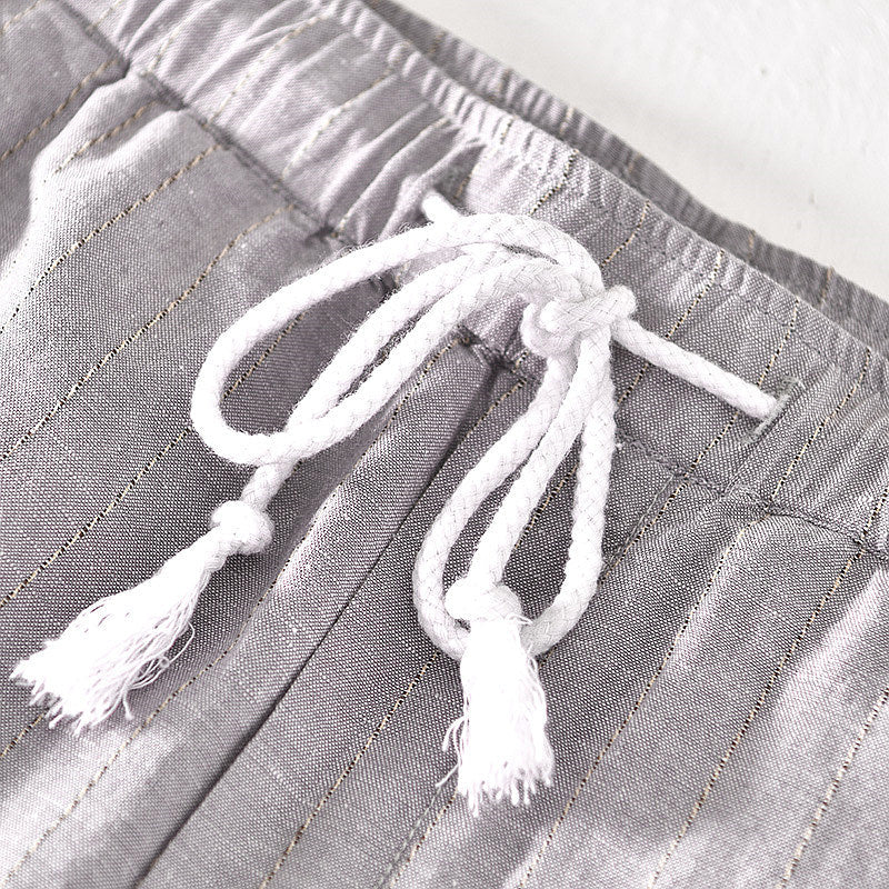 Cotton Linen Striped Drawstring Shorts