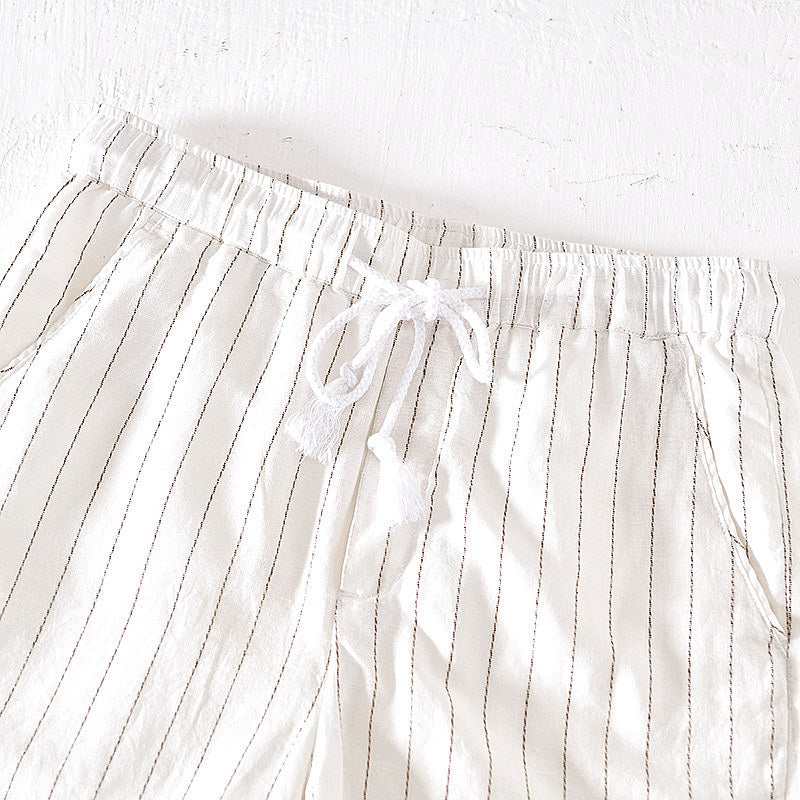 Cotton Linen Striped Drawstring Shorts