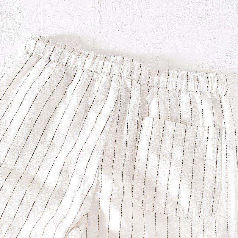 Cotton Linen Striped Drawstring Shorts