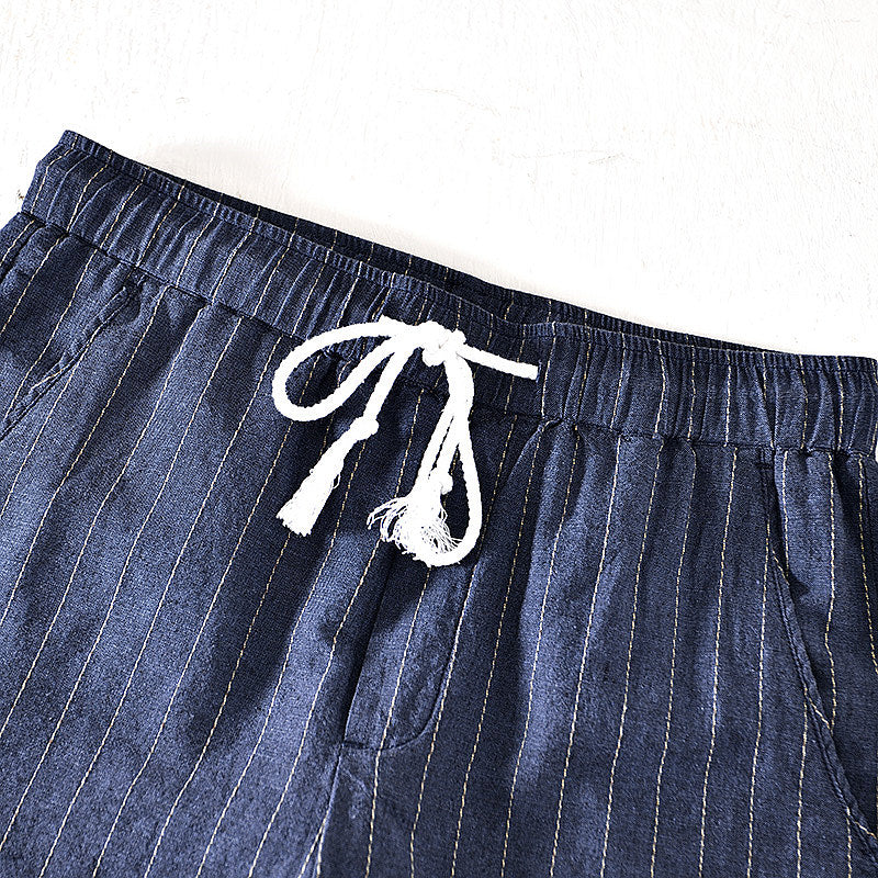 Cotton Linen Striped Drawstring Shorts